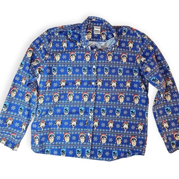 Justice League Blue Christmas Batman Superman Joker Button Down Shirt LARGE - Picture 7 of 7